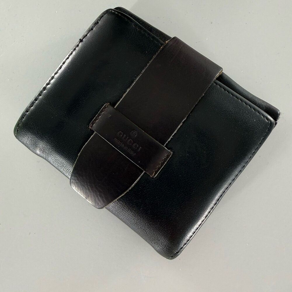 Gucci Leather Wallet Brown Snap Closure Bifold Coin Purse Vintage, flawed, used